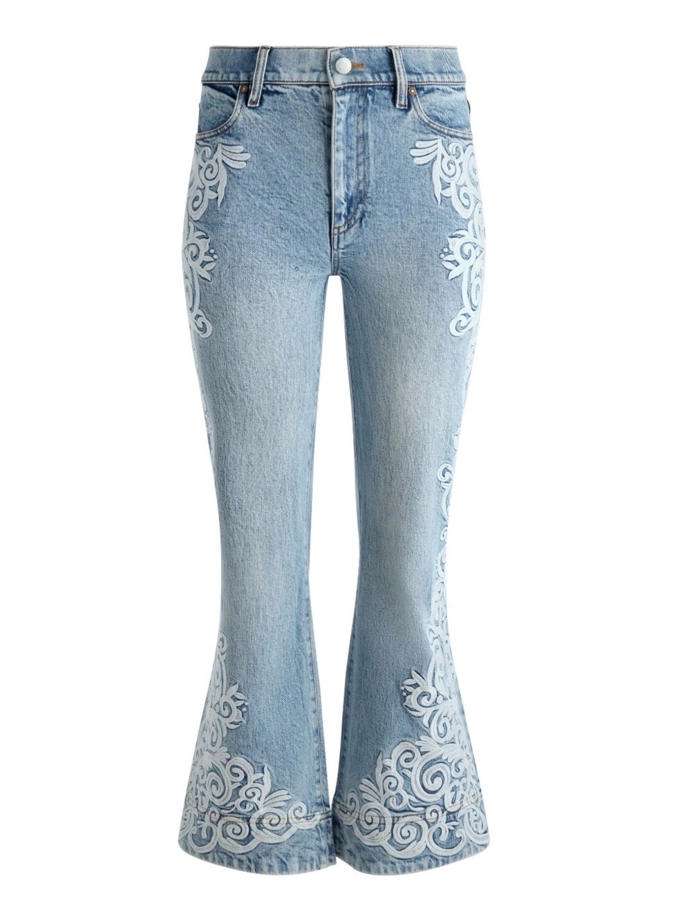 Alice + Olivia Embroidered Flare Jeans in Rockstar Blue size 28.